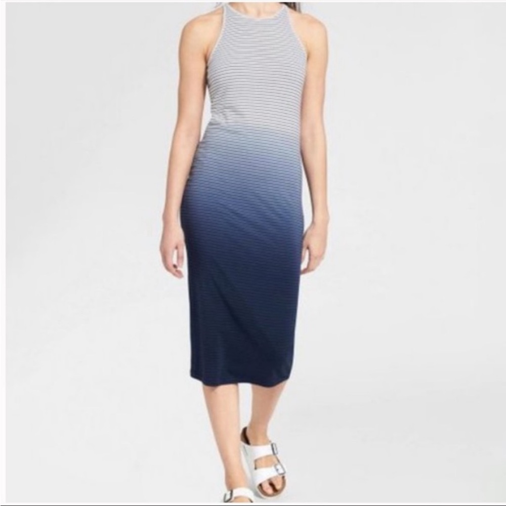 Athleta Sunkissed Indigo Blue Ombré Stripe Midi Dress Size XS 596216-01 *Flawed*